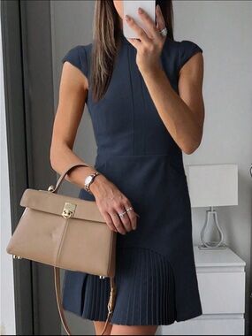 SHEIN Navy Blue Cap Sleeve Mini Dress with Pleated Hem
